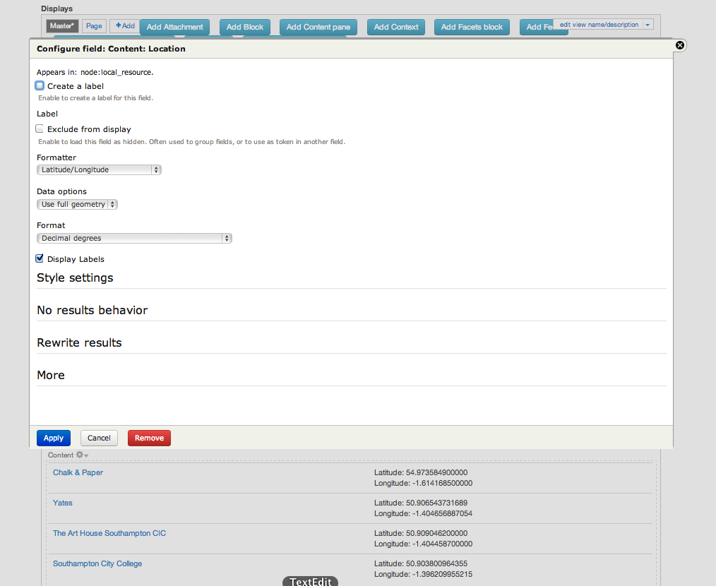 step 2 geofield format setup in views